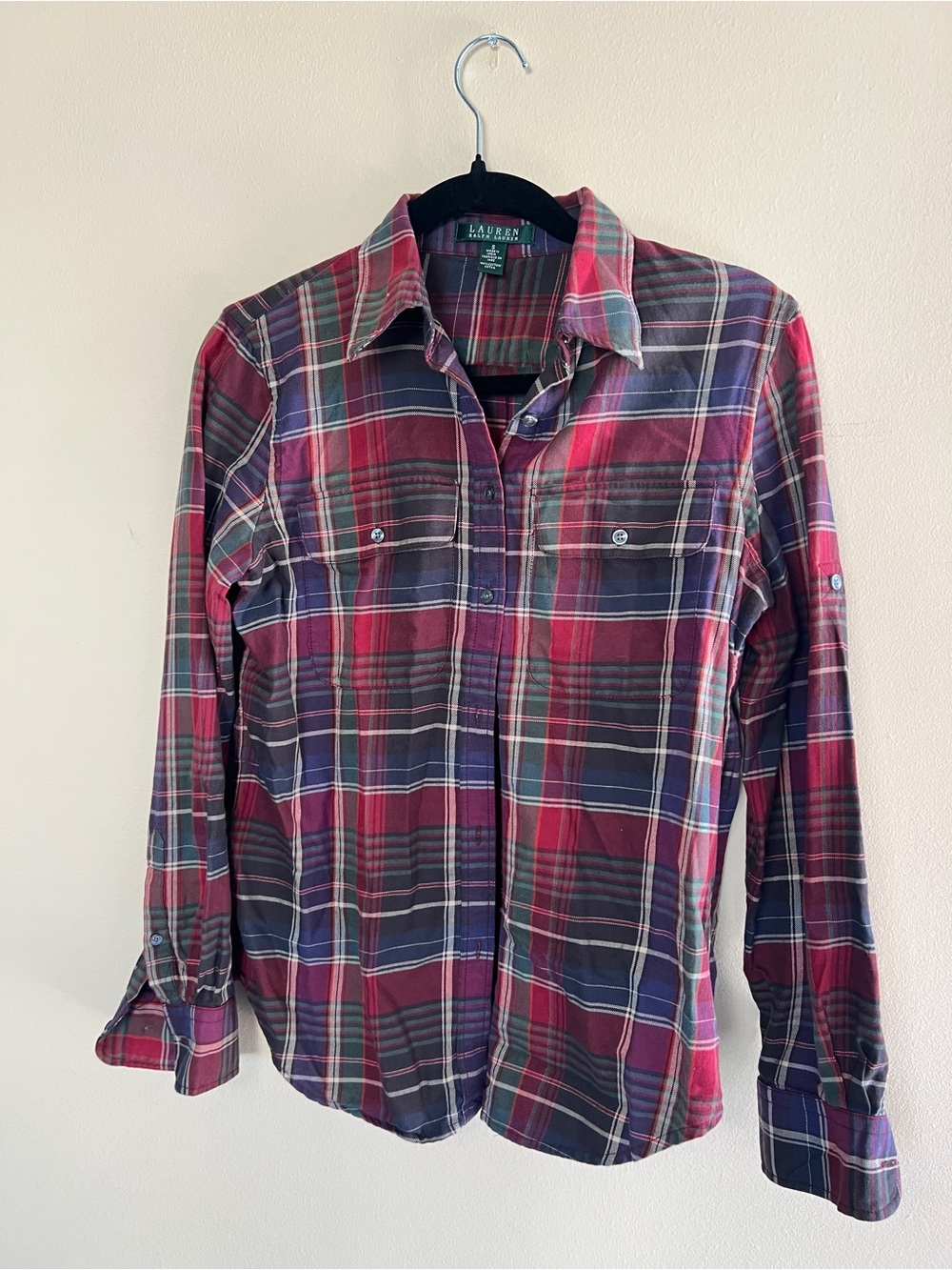 Ralph Lauren Women’s Red and Navy Plaid Button-Down Shirt